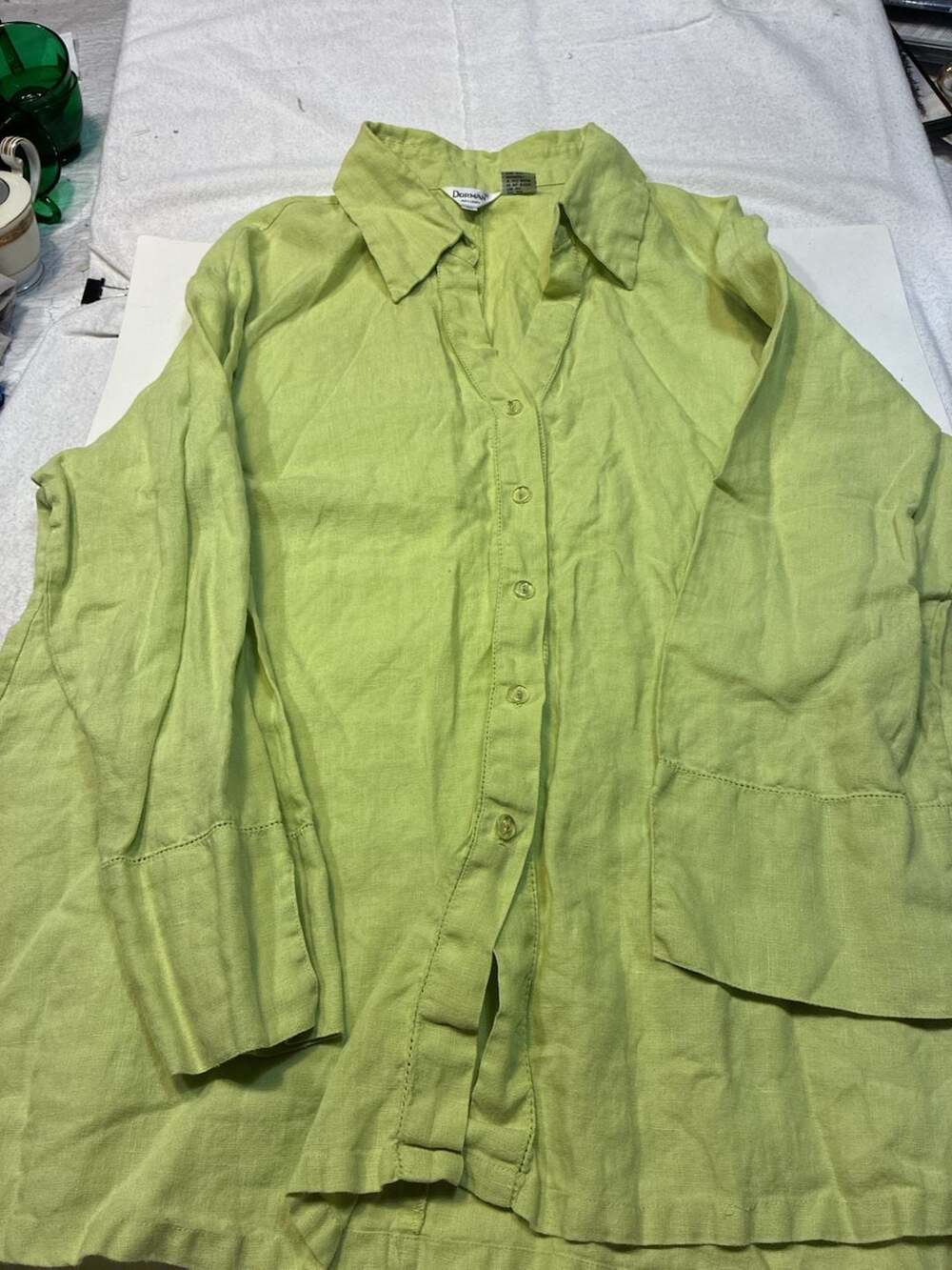 Dorman Women's Long Sleeve 100% Linen Button Down Shirt in Lime Green